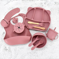 Set repas bébé 8 pièces en silicone sans BPA : assiette ventouse, bol, bavoir, couverts et gobelet. Sécurisé, prêt à offrir et conforme CCPSA- Kid Baby shop